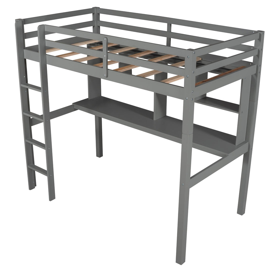 Gray Twin Loft Bed With Desk and Shelves Image 6