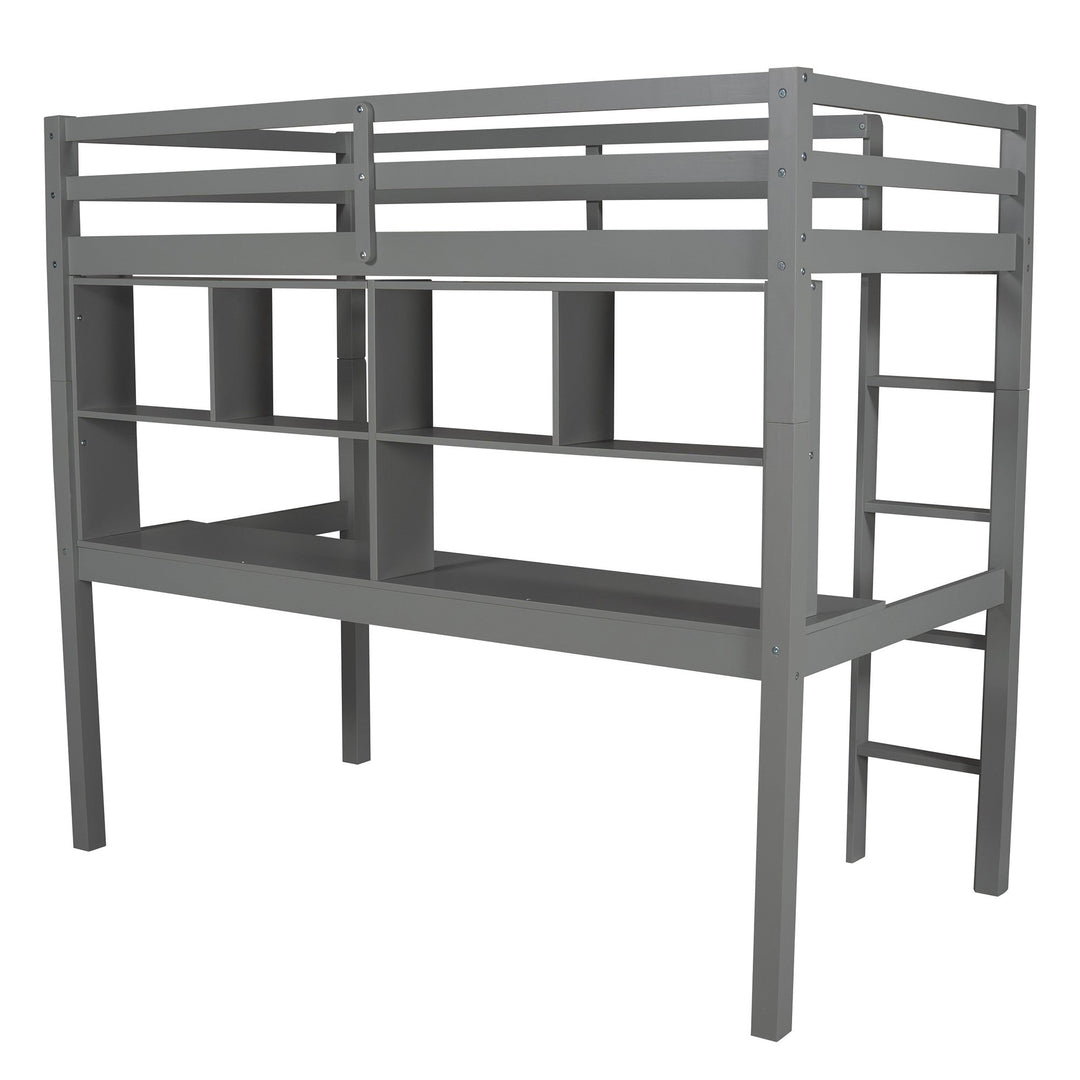 Gray Twin Loft Bed With Desk and Shelves Image 7