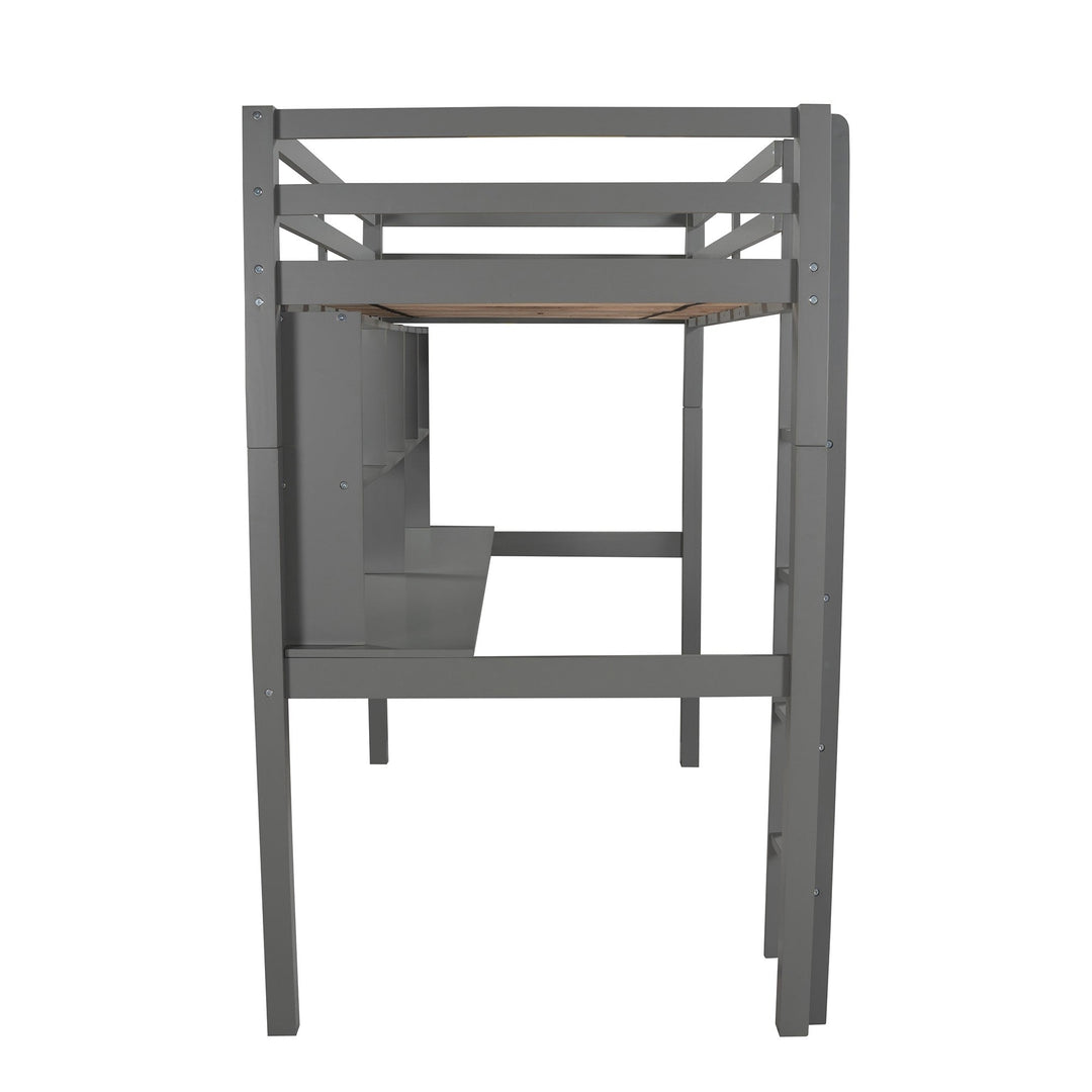 Gray Twin Loft Bed With Desk and Shelves Image 8