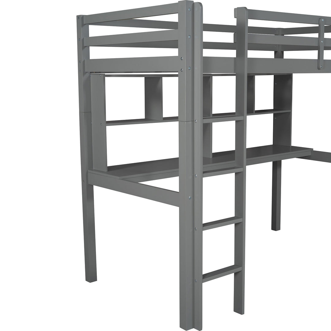 Gray Twin Loft Bed With Desk and Shelves Image 9