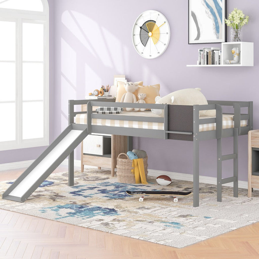 Gray Twin Loft Bed Bed Chalkboard and Slide Image 1