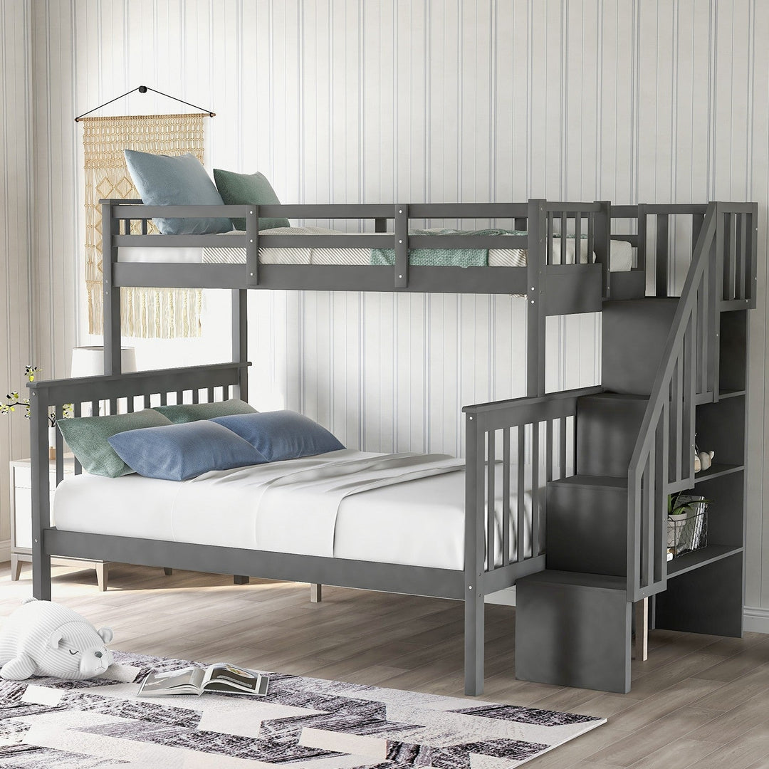 Gray Twin Over Full Contemporary Bunk Bed With Stairs And Shelves Image 1