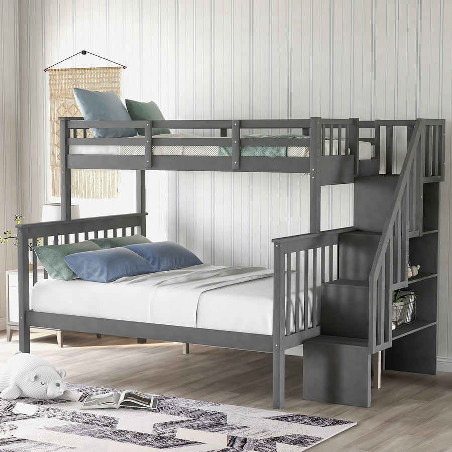 Gray Twin Over Full Contemporary Bunk Bed With Stairs And Shelves Image 1