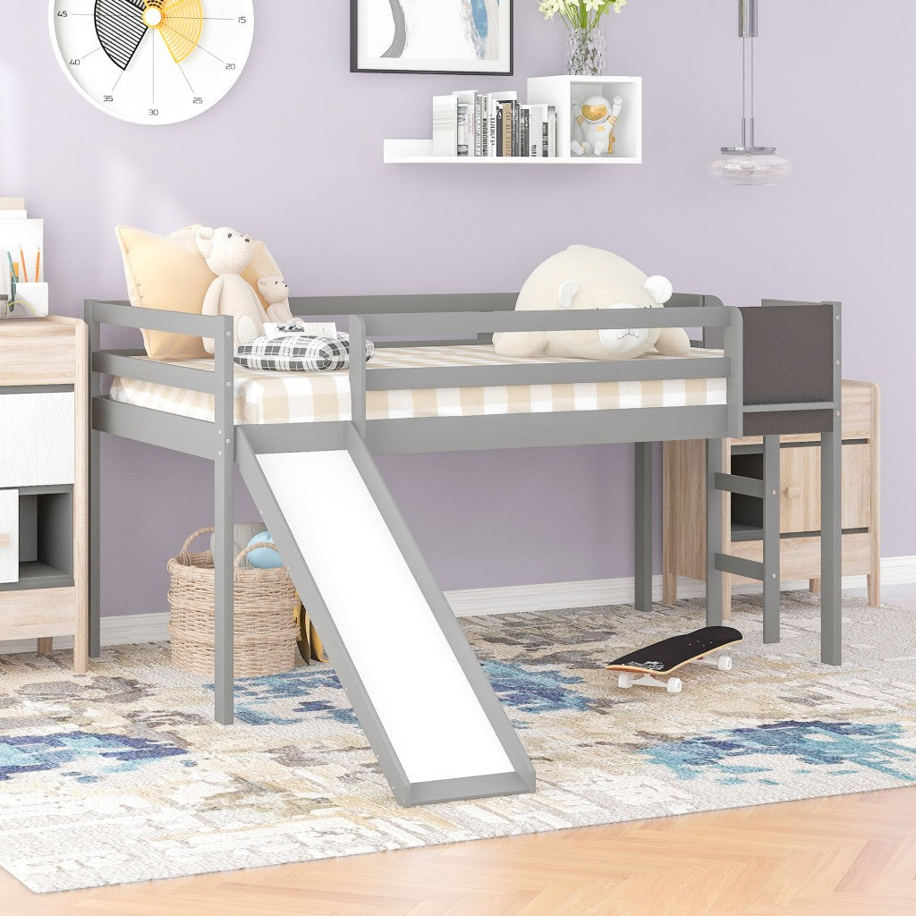 Gray Twin Loft Bed Bed Chalkboard and Slide Image 2