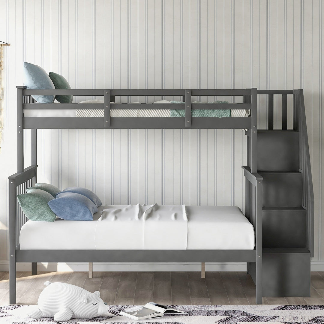 Gray Twin Over Full Contemporary Bunk Bed With Stairs And Shelves Image 2