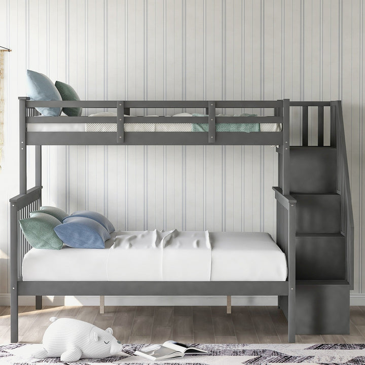 Gray Twin Over Full Contemporary Bunk Bed With Stairs And Shelves Image 2