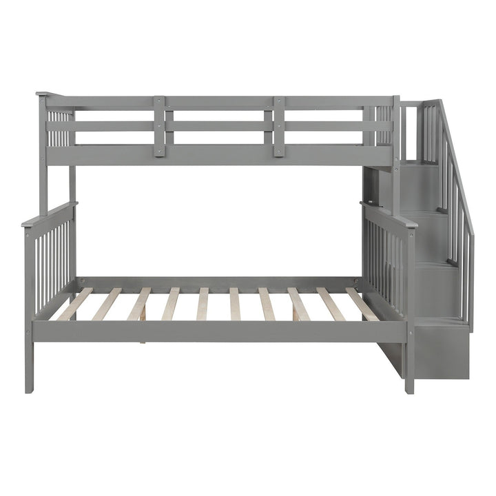 Gray Twin Over Full Contemporary Bunk Bed With Stairs And Shelves Image 3