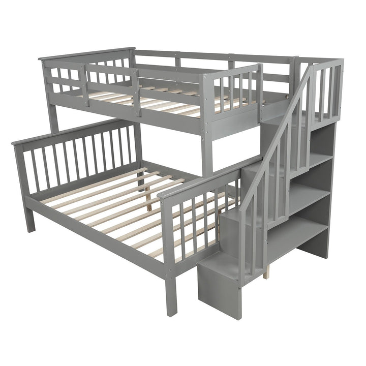 Gray Twin Over Full Contemporary Bunk Bed With Stairs And Shelves Image 5