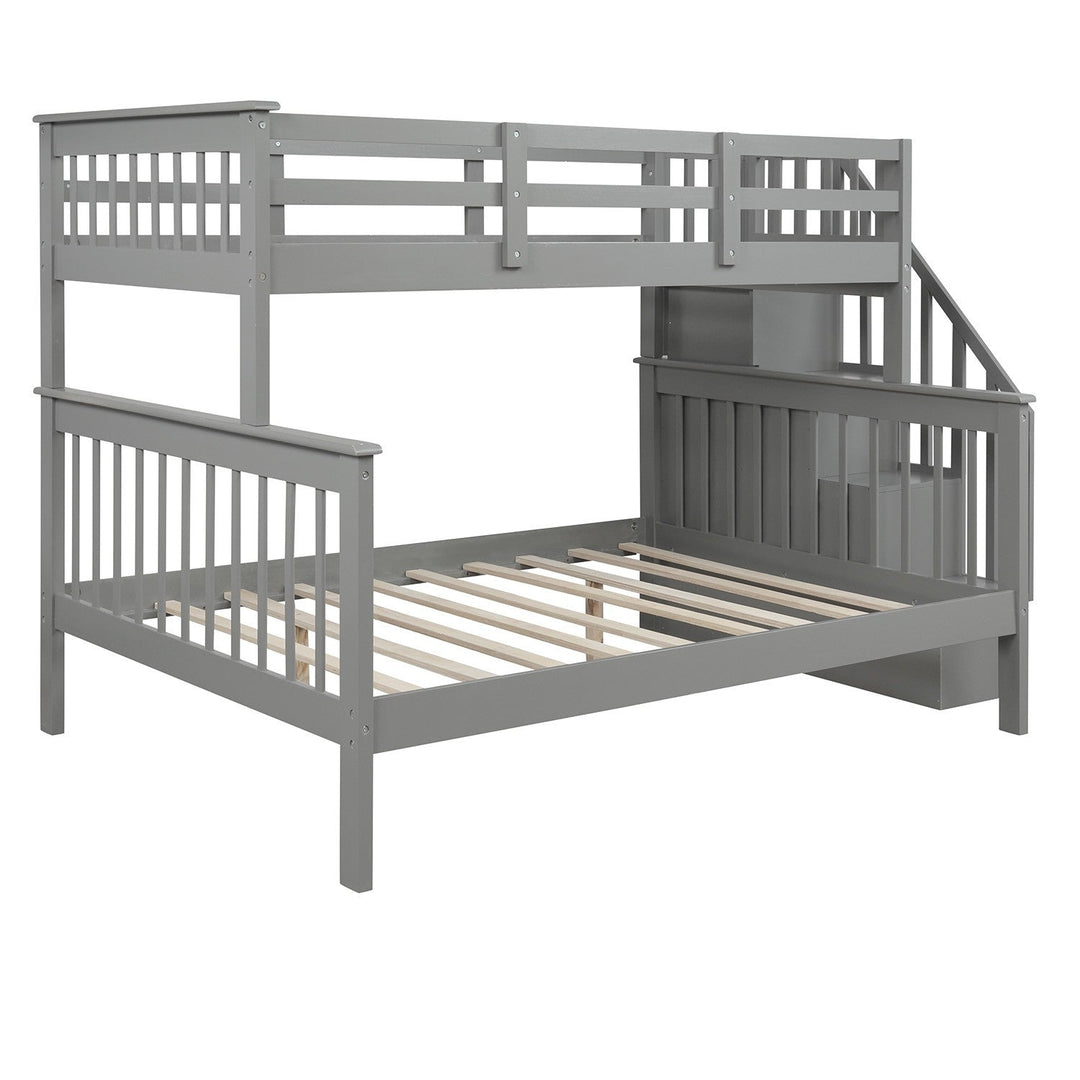 Gray Twin Over Full Contemporary Bunk Bed With Stairs And Shelves Image 6