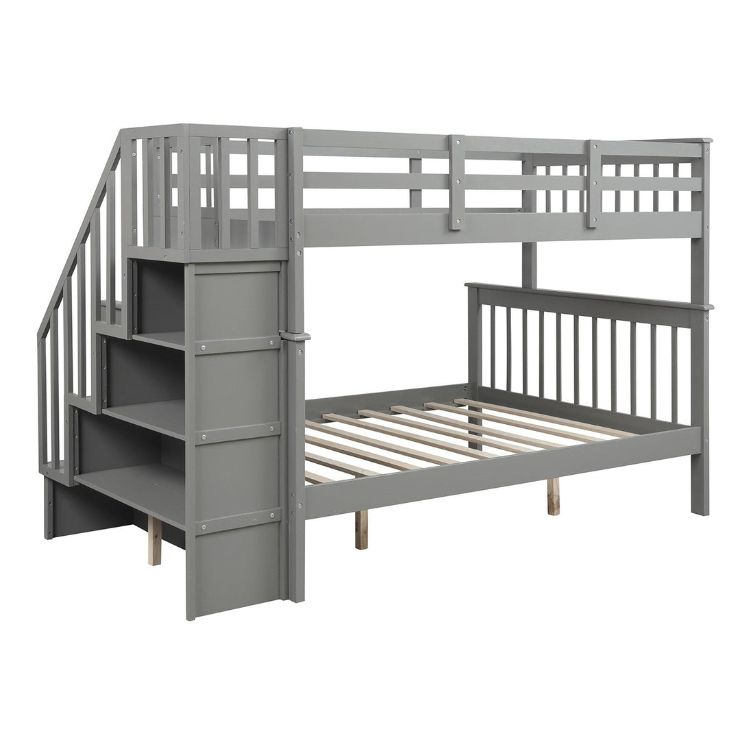 Gray Twin Over Full Contemporary Bunk Bed With Stairs And Shelves Image 7