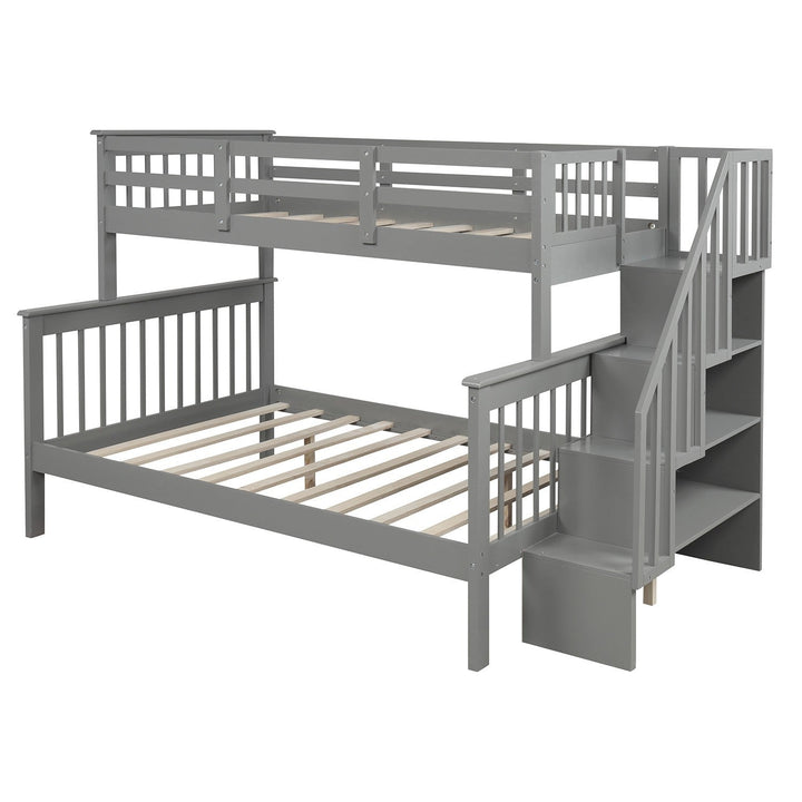 Gray Twin Over Full Contemporary Bunk Bed With Stairs And Shelves Image 9