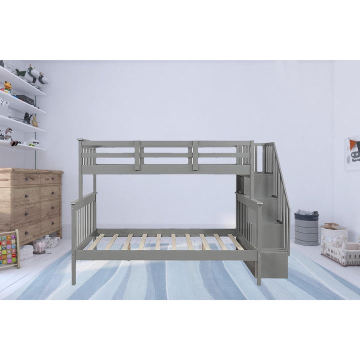 Gray Twin Over Full Contemporary Bunk Bed With Stairs And Shelves Image 11