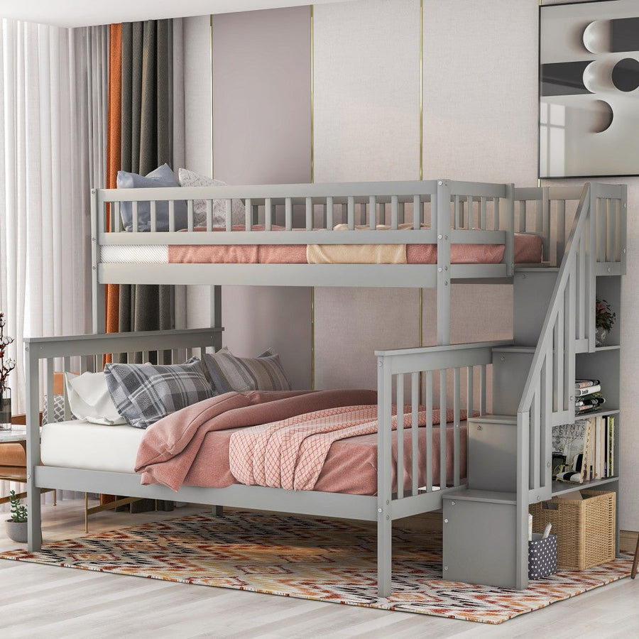 Gray Twin Over Full Farmhouse Style Bunk Bed with Staircase Image 1