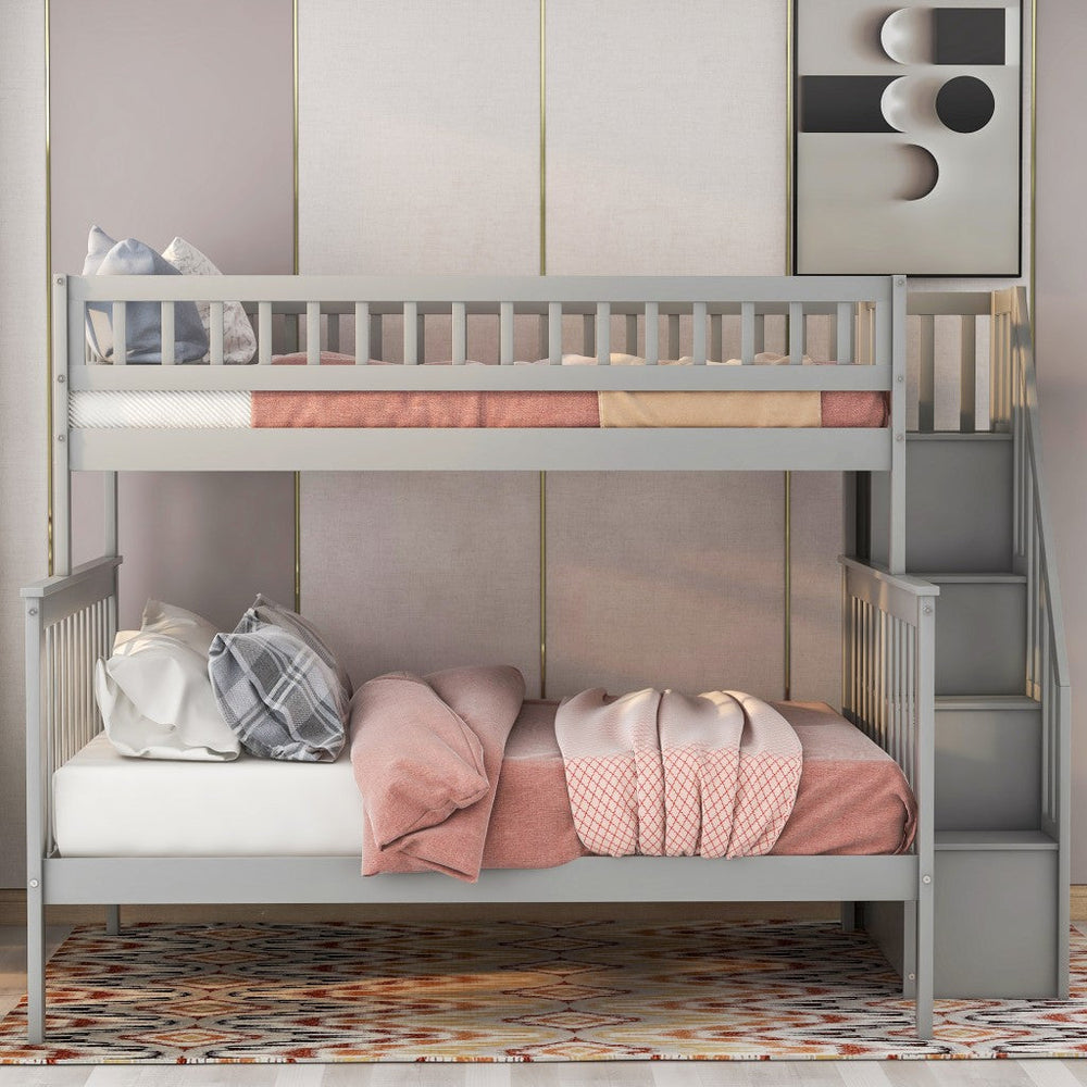 Gray Twin Over Full Farmhouse Style Bunk Bed with Staircase Image 2