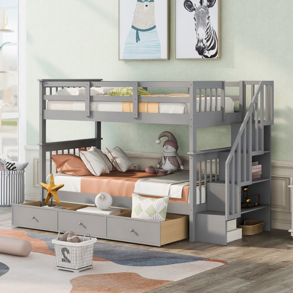 Gray Twin Over Twin Bunk Bed with Stairway and Drawers Image 1