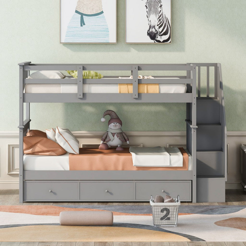 Gray Twin Over Twin Bunk Bed with Stairway and Drawers Image 2