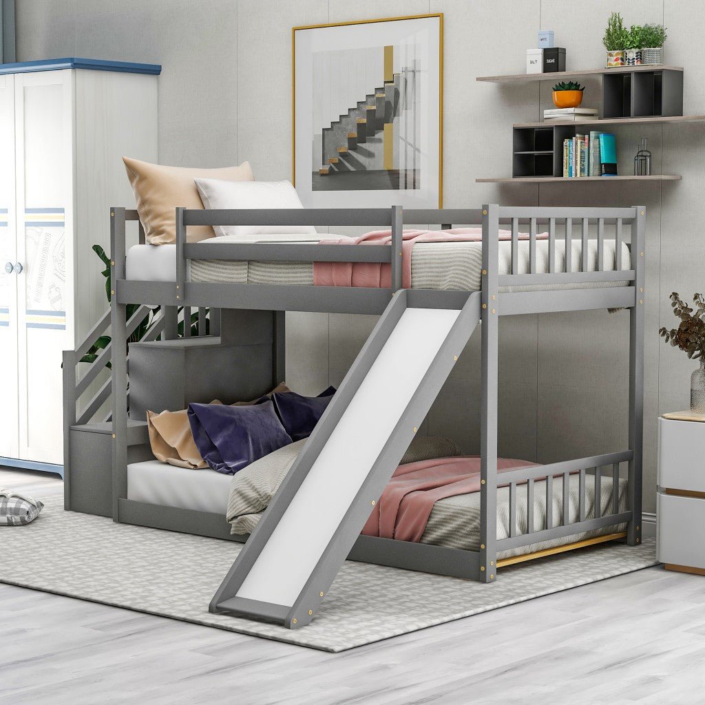 Gray Twin Over Twin Bunk Bed with Stairway and Slide Image 1