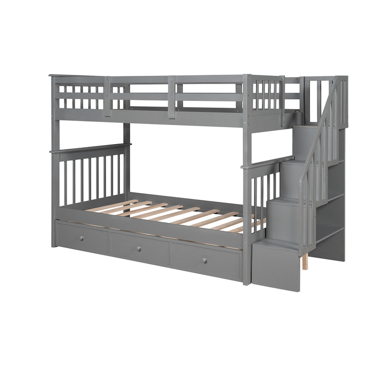 Gray Twin Over Twin Bunk Bed with Stairway and Drawers Image 3