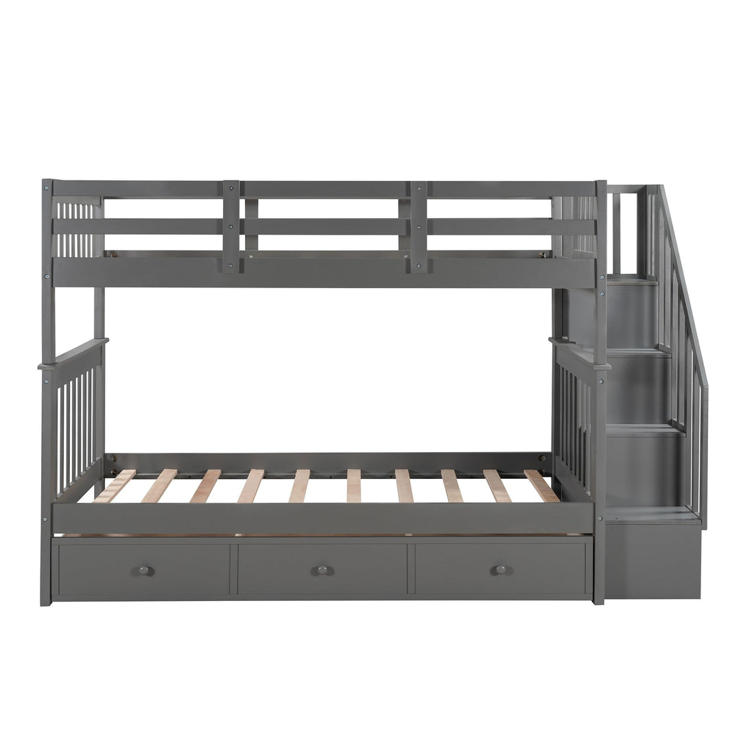 Gray Twin Over Twin Bunk Bed with Stairway and Drawers Image 4