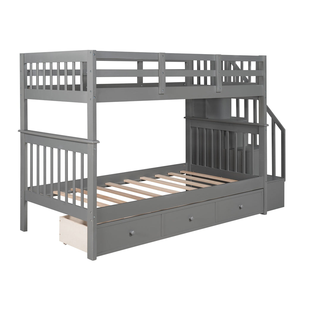 Gray Twin Over Twin Bunk Bed with Stairway and Drawers Image 5