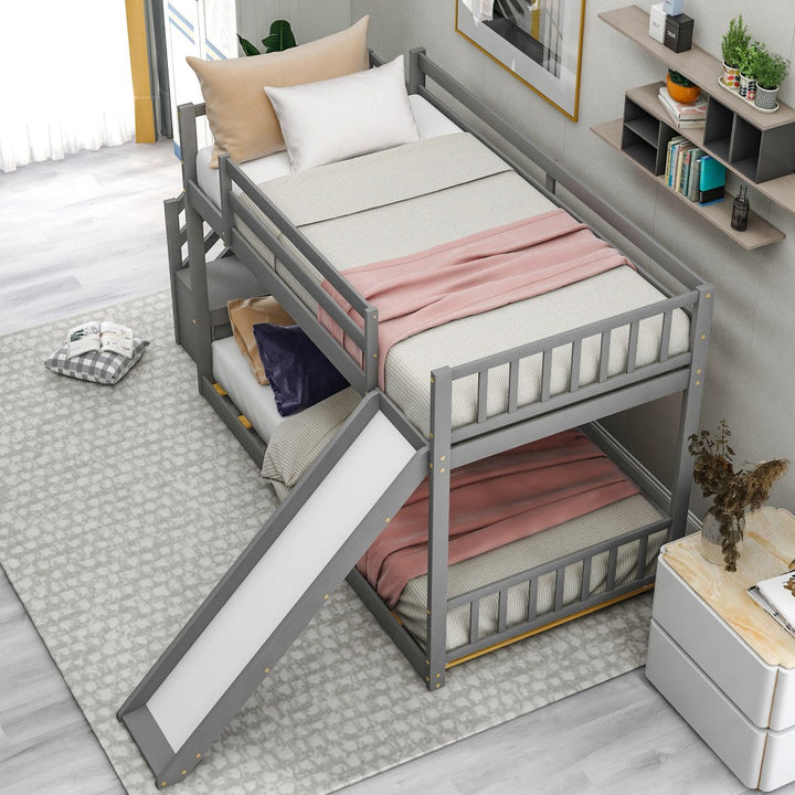 Gray Twin Over Twin Bunk Bed with Stairway and Slide Image 2