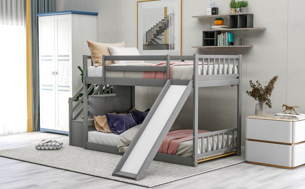 Gray Twin Over Twin Bunk Bed with Stairway and Slide Image 3