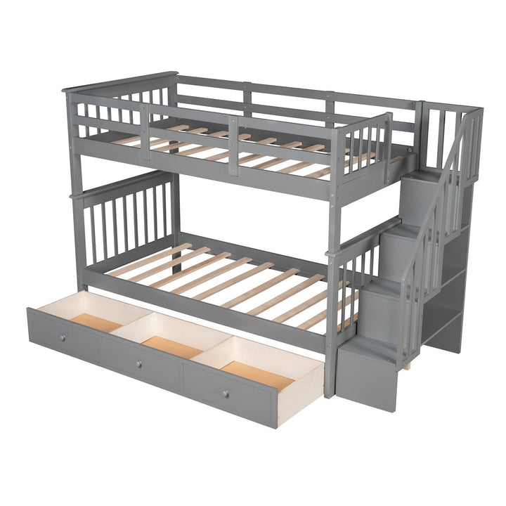 Gray Twin Over Twin Bunk Bed with Stairway and Drawers Image 6