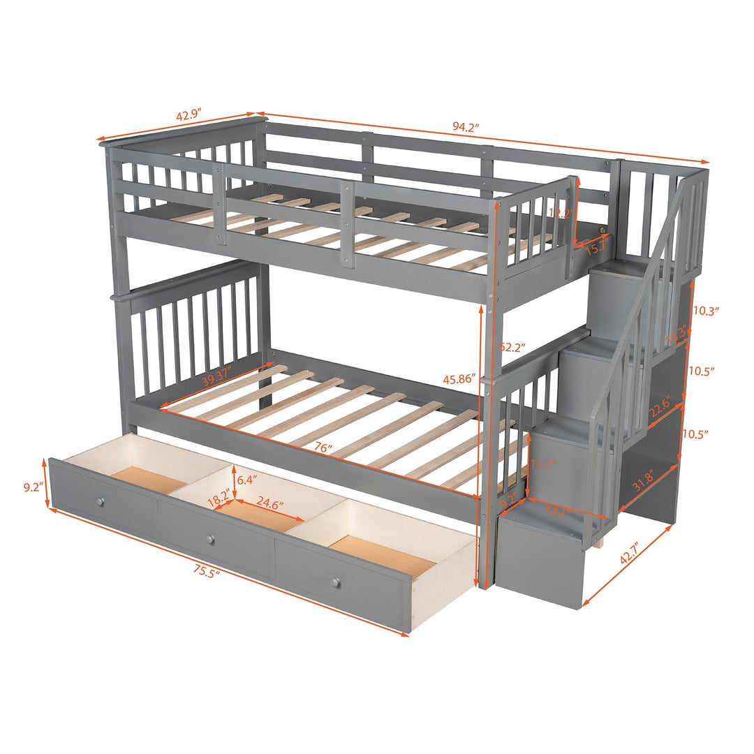 Gray Twin Over Twin Bunk Bed with Stairway and Drawers Image 7