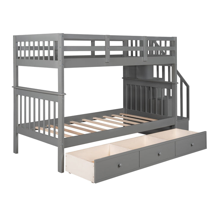 Gray Twin Over Twin Bunk Bed with Stairway and Drawers Image 8