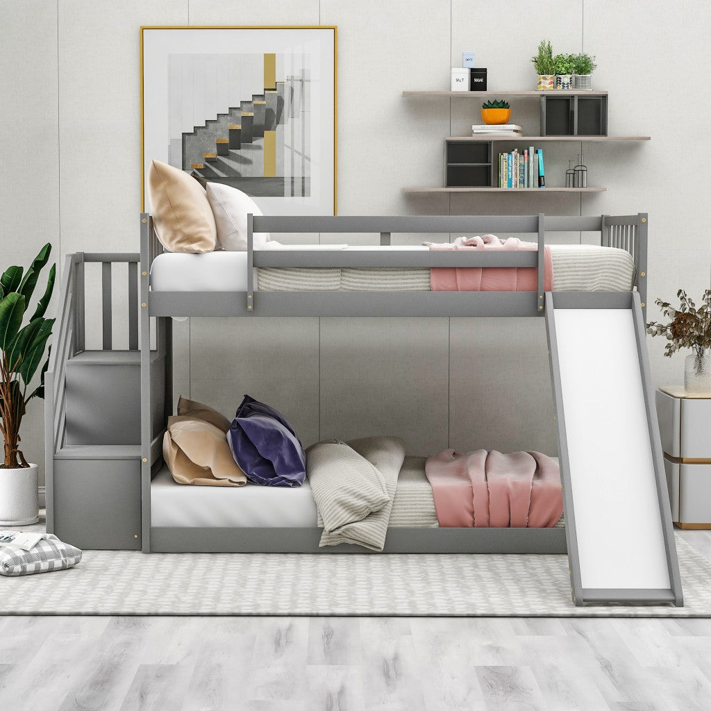 Gray Twin Over Twin Bunk Bed with Stairway and Slide Image 4