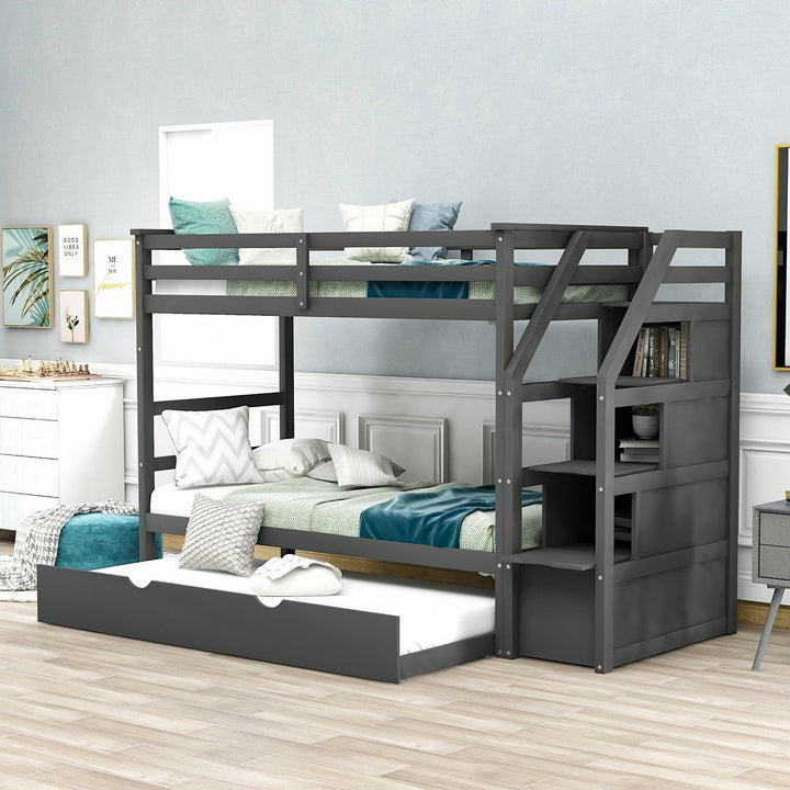 Gray Twin Over Twin Bunk Bed with Trundle Image 1