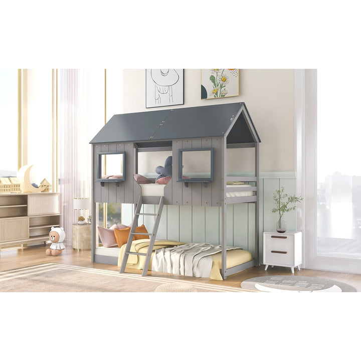 Gray Twin over Twin Contemporary Manufactured Wood and Solid Wood Bunk Bed Image 3