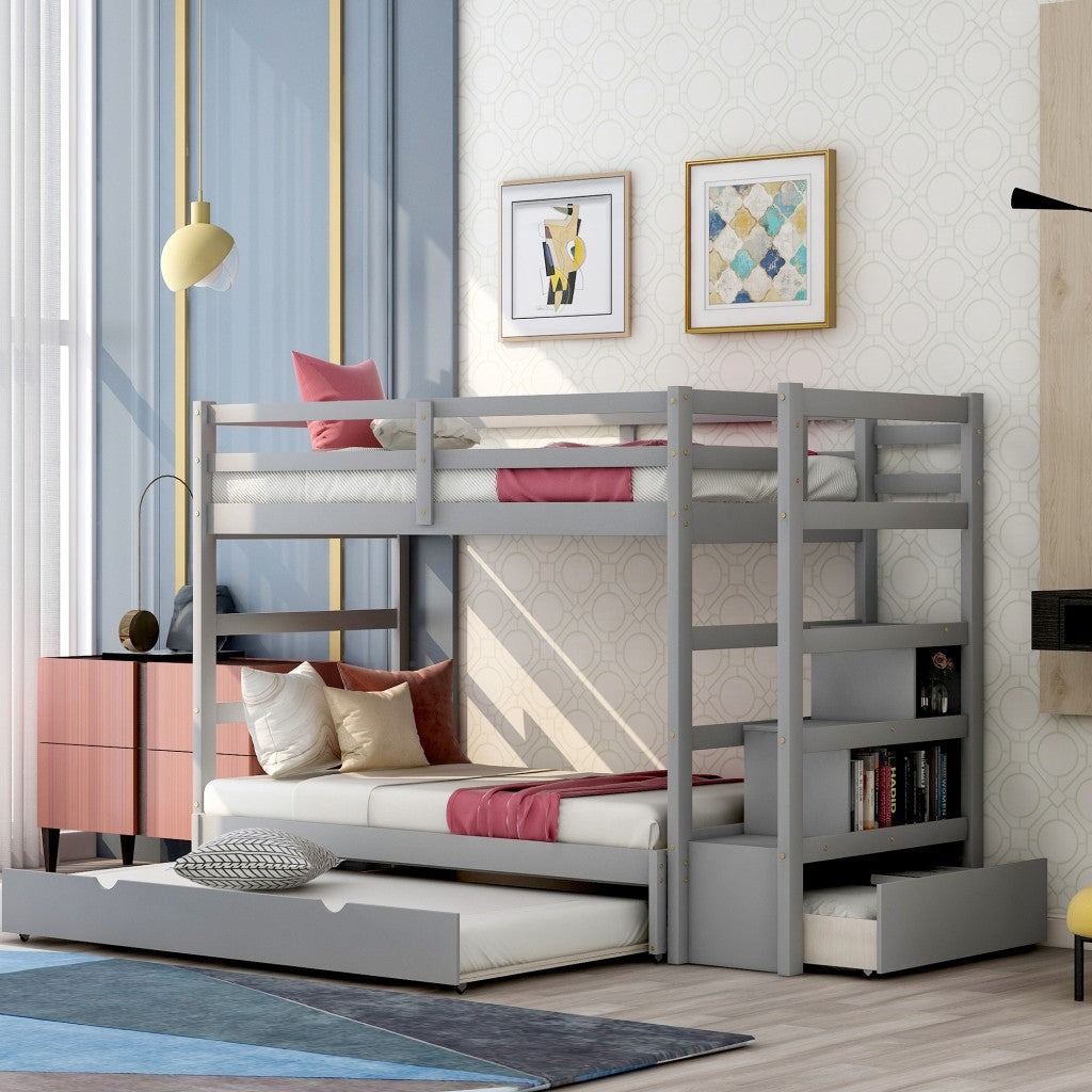 Gray Twin Over Twin Contemporary Bunk Bed With Stairs Image 4