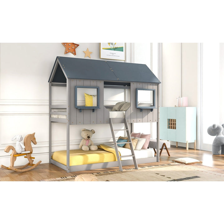 Gray Twin over Twin Contemporary Manufactured Wood and Solid Wood Bunk Bed Image 4