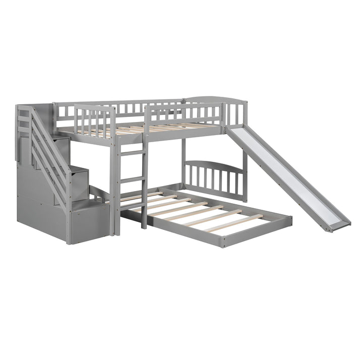 Gray Twin Over Twin Perpendicular Bunk Bed with Storage Stairs and Slide Image 3