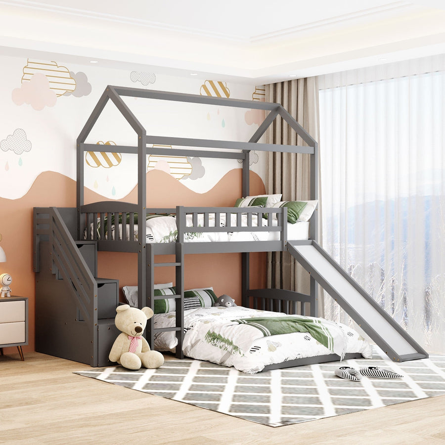 Gray Twin Over Twin PlayHouse Perpendicular Bunk Bed with Slide Image 1