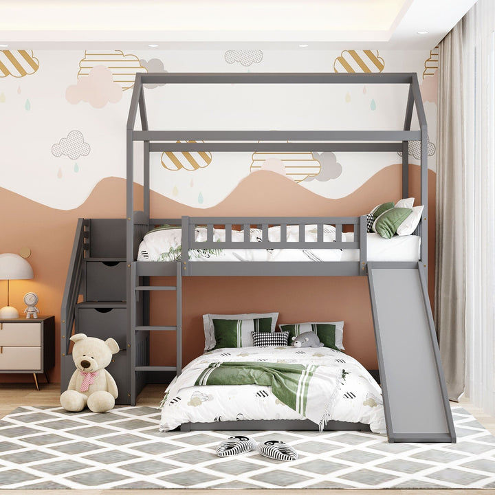 Gray Twin Over Twin PlayHouse Perpendicular Bunk Bed with Slide Image 2