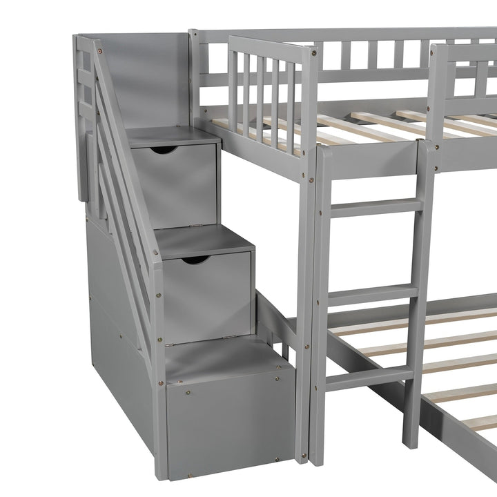 Gray Twin Over Twin Perpendicular Bunk Bed with Storage Stairs and Slide Image 7