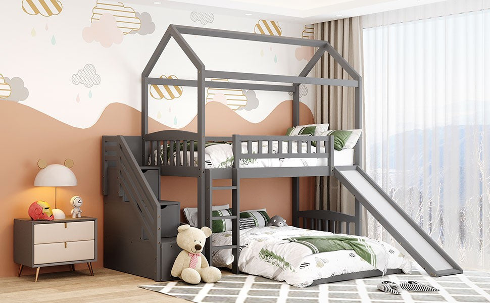 Gray Twin Over Twin PlayHouse Perpendicular Bunk Bed with Slide Image 3