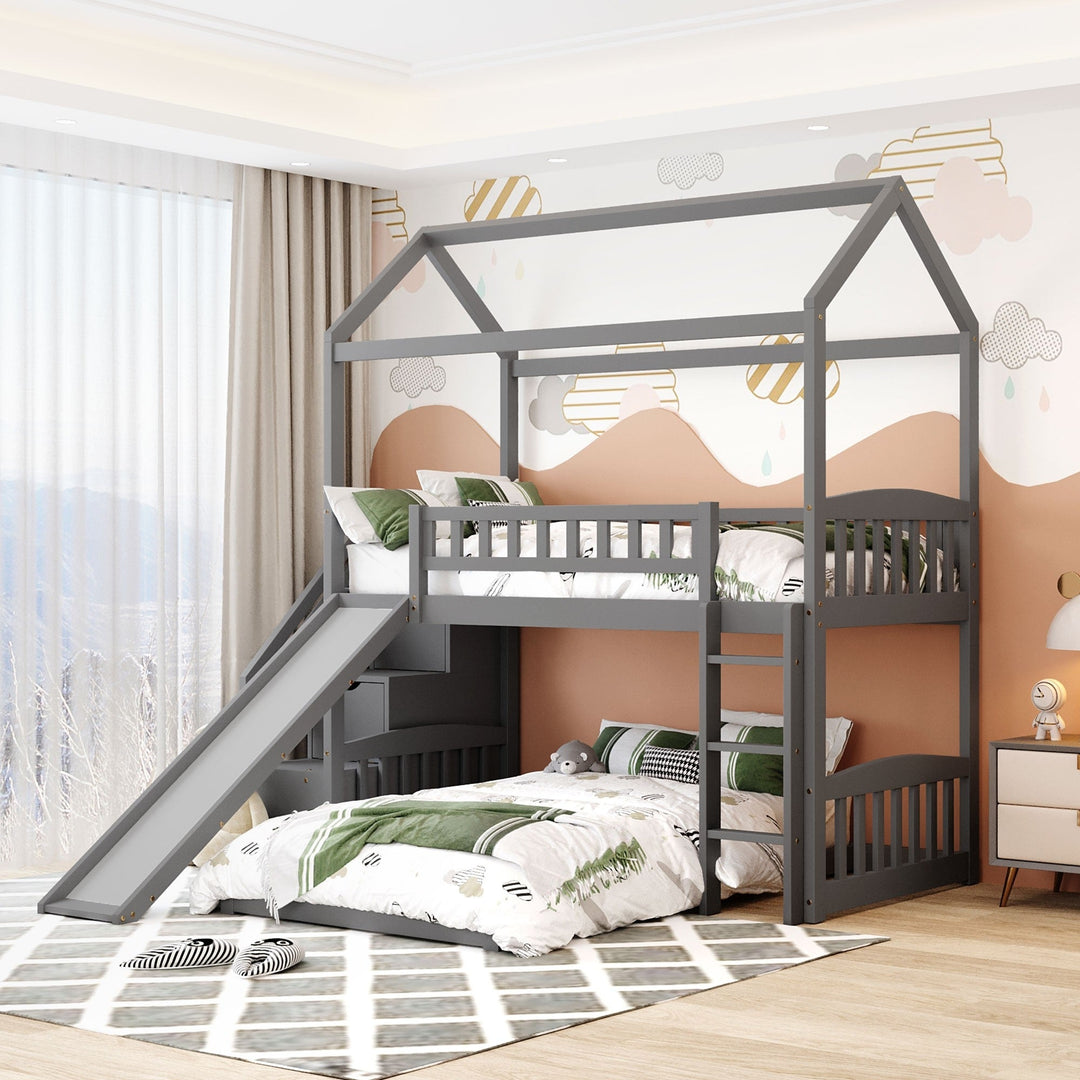 Gray Twin Over Twin PlayHouse Perpendicular Bunk Bed with Slide Image 4