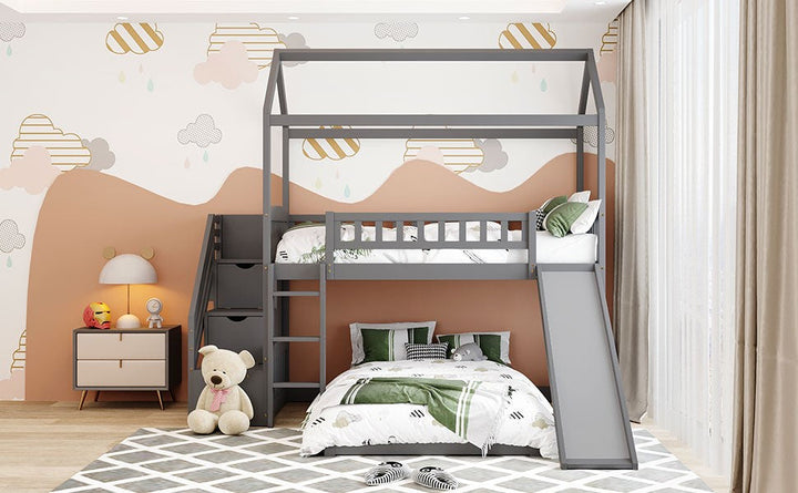 Gray Twin Over Twin PlayHouse Perpendicular Bunk Bed with Slide Image 5