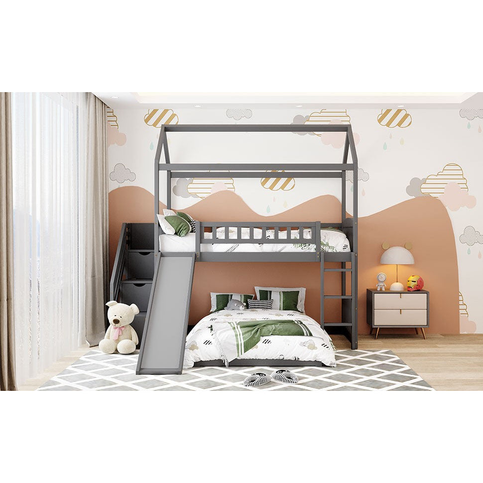 Gray Twin Over Twin PlayHouse Perpendicular Bunk Bed with Slide Image 7