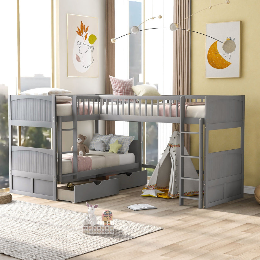 Gray Twin Size Bunk Bed with attached Loft Bed and Drawers Image 1