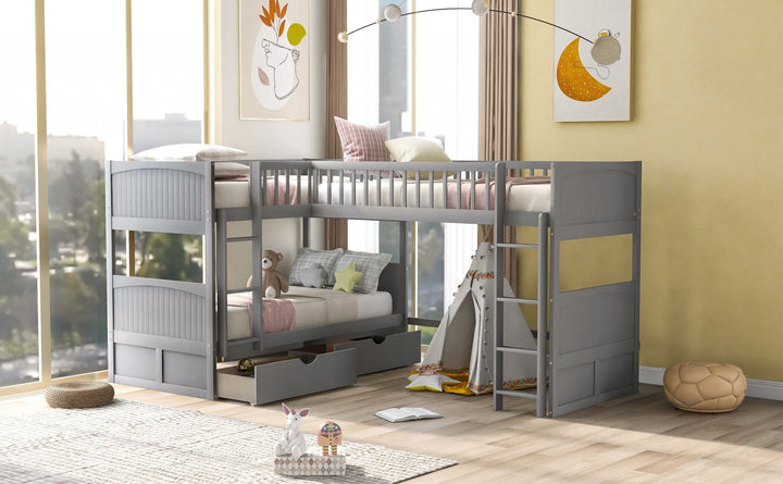 Gray Twin Size Bunk Bed with attached Loft Bed and Drawers Image 2