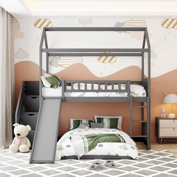 Gray Twin Over Twin PlayHouse Perpendicular Bunk Bed with Slide Image 8