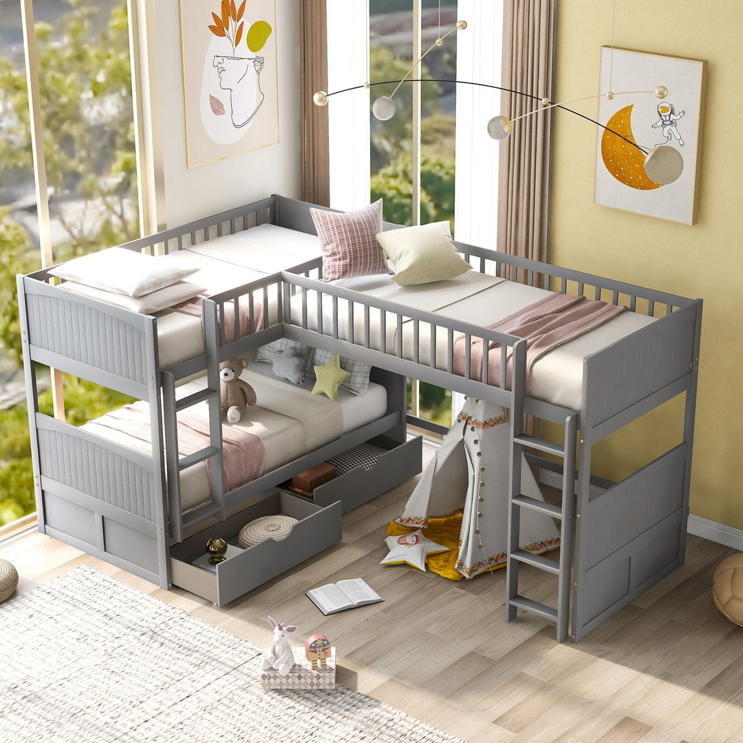 Gray Twin Size Bunk Bed with attached Loft Bed and Drawers Image 3