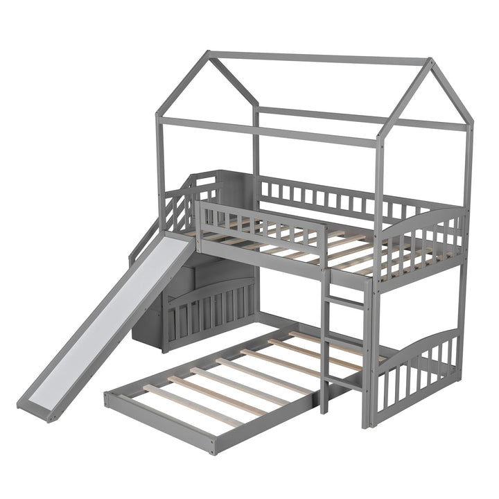 Gray Twin Over Twin PlayHouse Perpendicular Bunk Bed with Slide Image 9