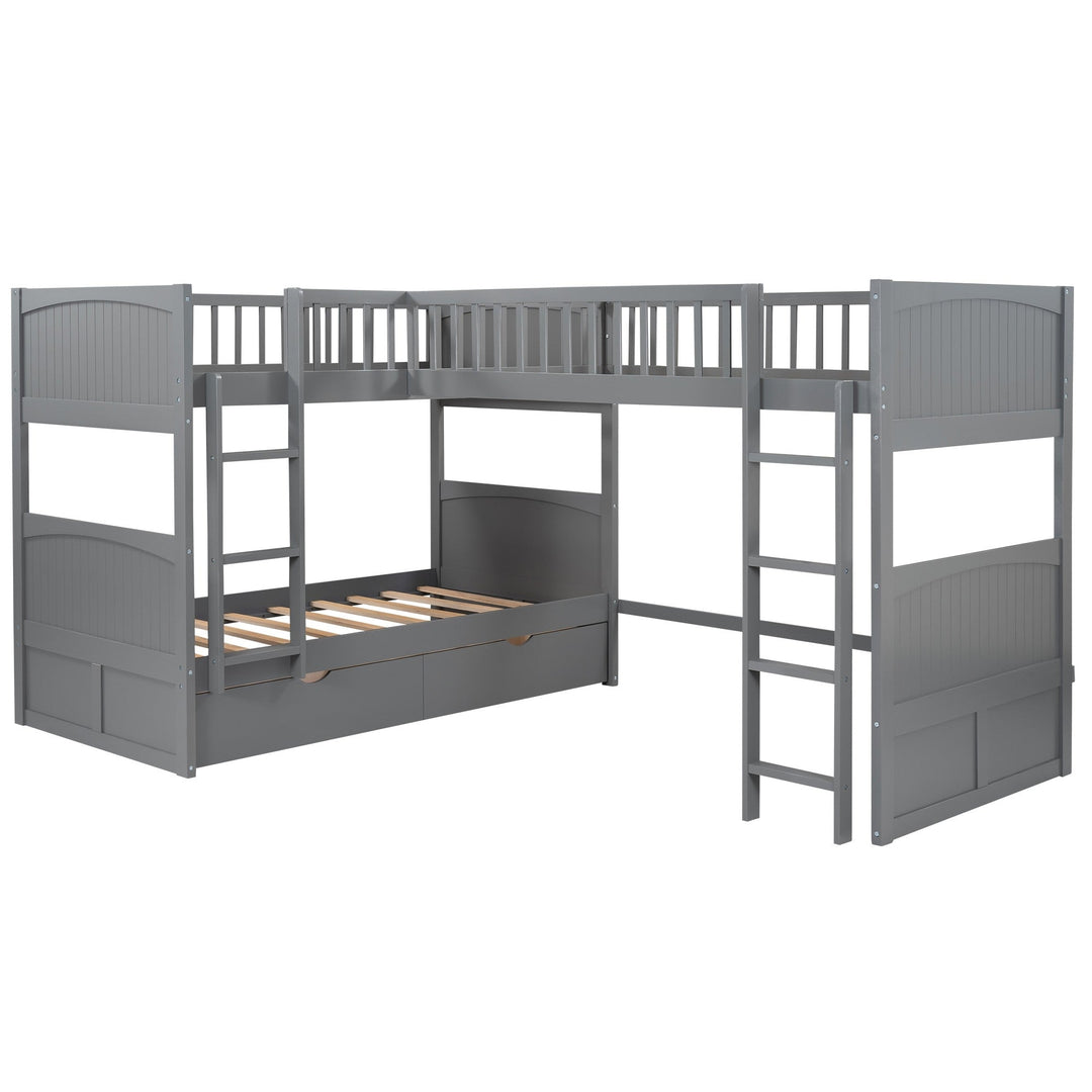 Gray Twin Size Bunk Bed with attached Loft Bed and Drawers Image 7