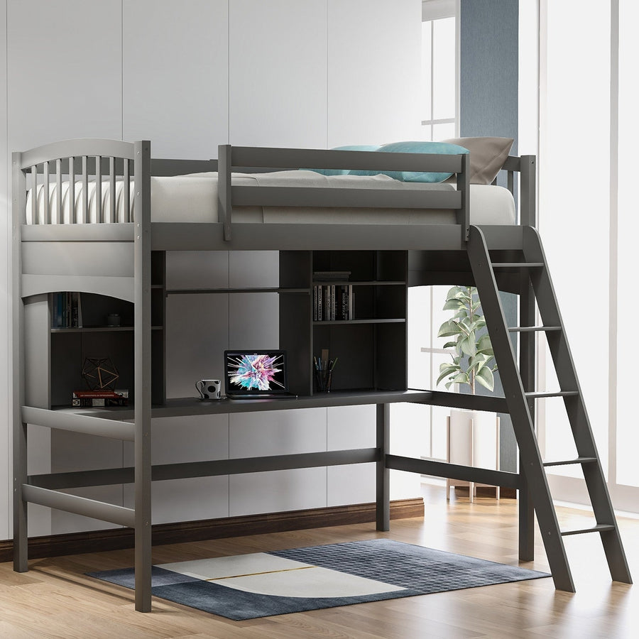 Gray Twin Size Loft Bed with Desk and Shelves Image 1