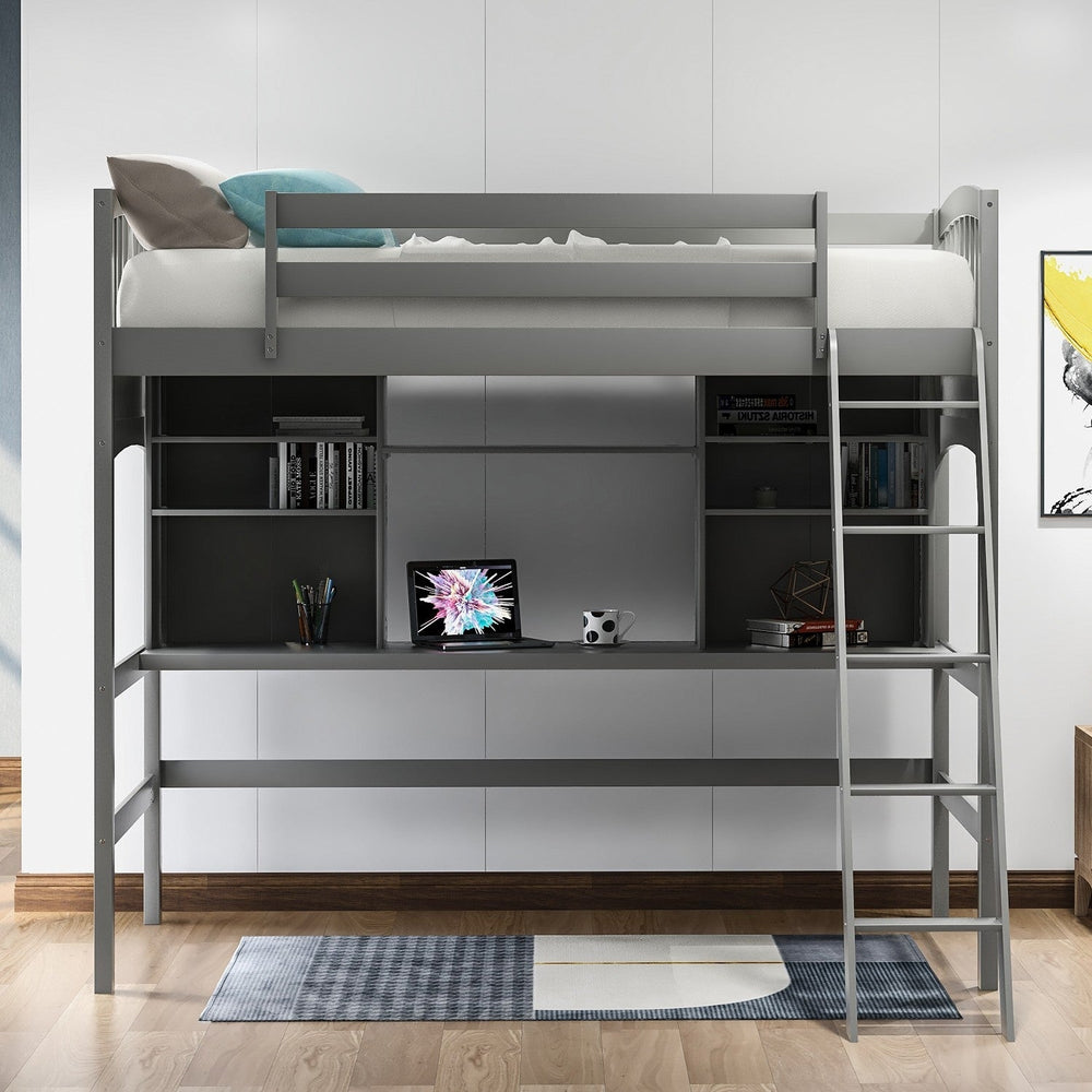 Gray Twin Size Loft Bed with Desk and Shelves Image 2